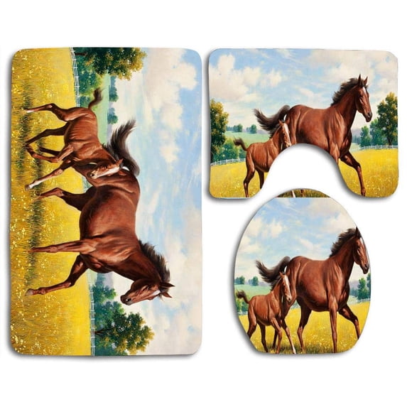 PUDMAD Beautiful Horses Going Field 3 Piece Bathroom Rugs Set Bath Rug Contour Mat and Toilet Lid Cover