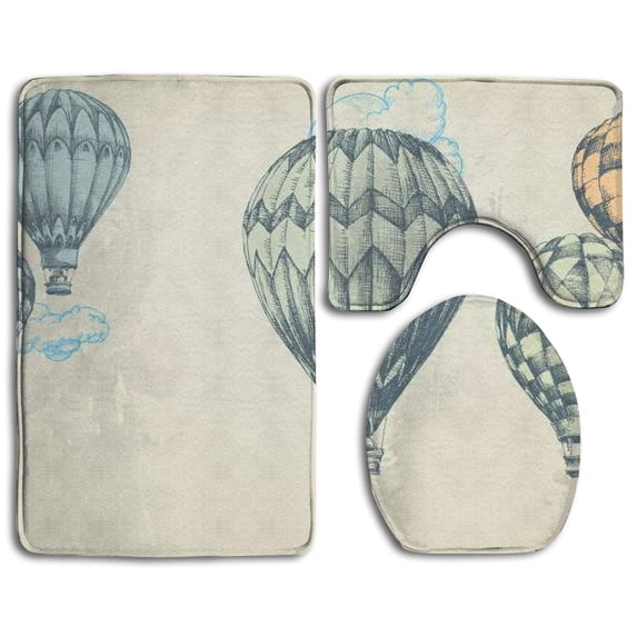 PUDMAD Beautiful Hot Air Balloon 3 Piece Bathroom Rugs Set Bath Rug Contour Mat and Toilet Lid Cover