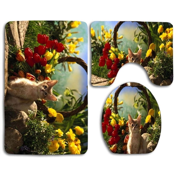 PUDMAD Beautiful Kitten Flowers 3 Piece Bathroom Rugs Set Bath Rug Contour Mat and Toilet Lid Cover