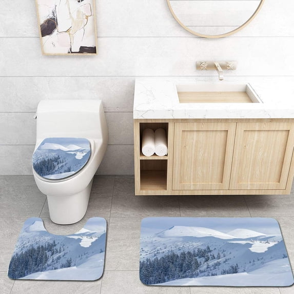 PUDMAD Beautiful Landscape Snow and fir Trees in Mountains 3 Piece Bathroom Rugs Set Bath Rug Contour Mat and Toilet Lid Cover