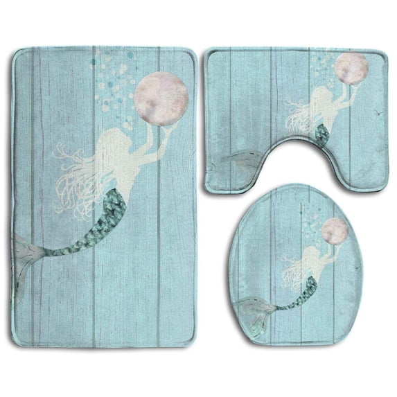 PUDMAD Beautiful Mermaid Fish Scales Art 3 Piece Bathroom Rugs Set Bath Rug Contour Mat and Toilet Lid Cover