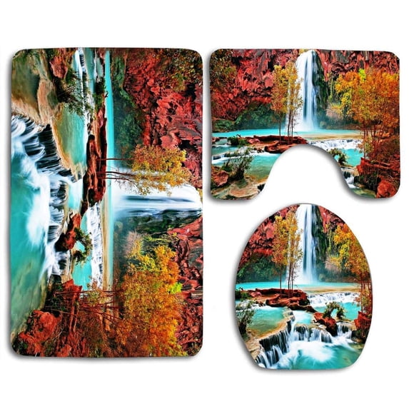 PUDMAD Beautiful Nature Waterfall 3 Piece Bathroom Rugs Set Bath Rug Contour Mat and Toilet Lid Cover