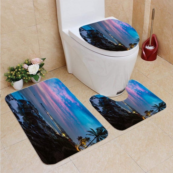 PUDMAD Beautiful Night Landscape Rocky Beach 3 Piece Bathroom Rugs Set Bath Rug Contour Mat and Toilet Lid Cover