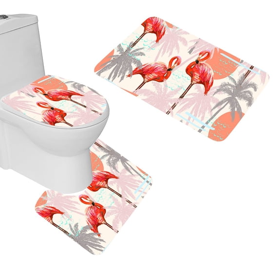 PUDMAD Beautiful Palm Trees Flamingo 3 Piece Bathroom Rugs Set Bath Rug Contour Mat and Toilet Lid Cover