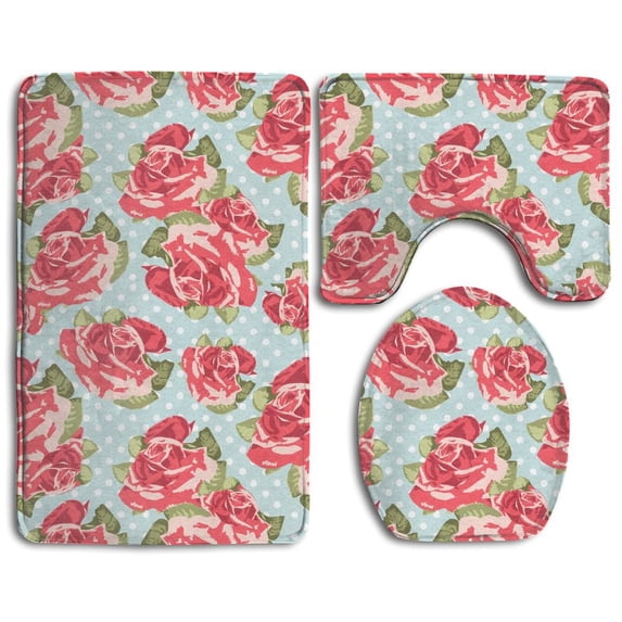 PUDMAD Beautiful Pink Rose 3 Piece Bathroom Rugs Set Bath Rug Contour Mat and Toilet Lid Cover