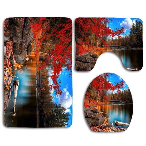 PUDMAD Beautiful Red Maple Leaf Lake 3 Piece Bathroom Rugs Set Bath Rug Contour Mat and Toilet Lid Cover