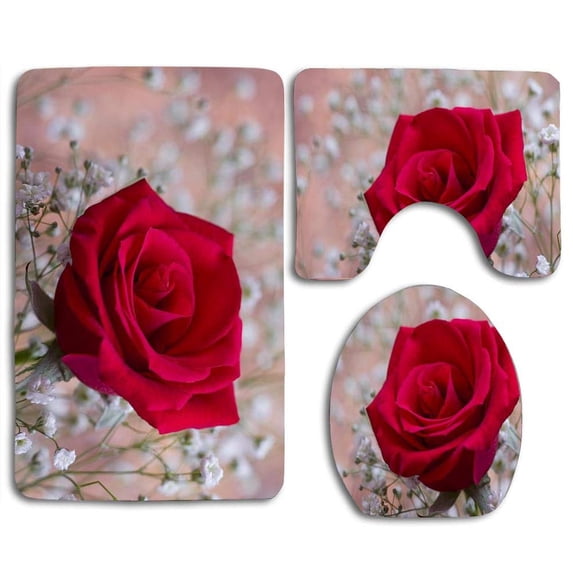 PUDMAD Beautiful Red Rose 3 Piece Bathroom Rugs Set Bath Rug Contour Mat and Toilet Lid Cover