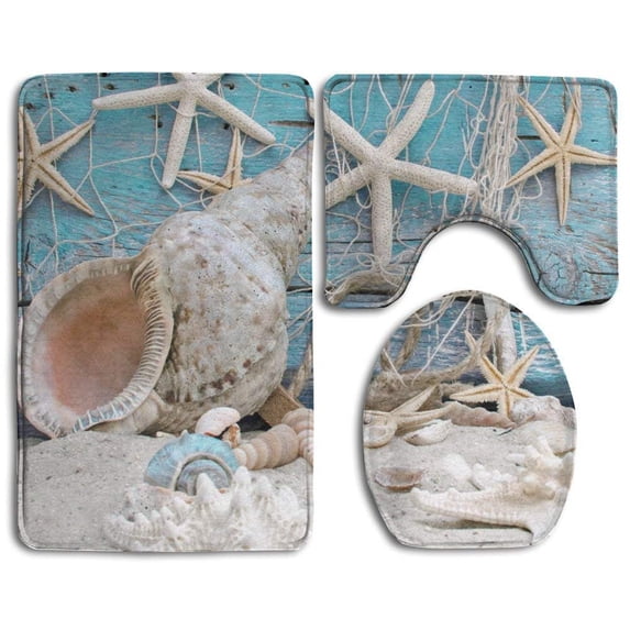 PUDMAD Beautiful Seashell Starfish1 3 Piece Bathroom Rugs Set Bath Rug Contour Mat and Toilet Lid Cover