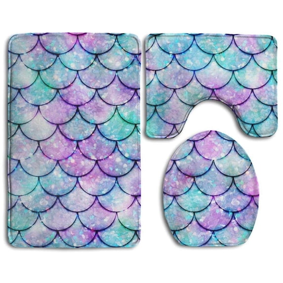PUDMAD Beautiful Sparkling Mermaid Scales 3 Piece Bathroom Rugs Set Bath Rug Contour Mat and Toilet Lid Cover