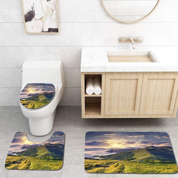 PUDMAD Beautiful Summer Landscape in Mountains 3 Piece Bathroom Rugs Set Bath Rug Contour Mat and Toilet Lid Cover