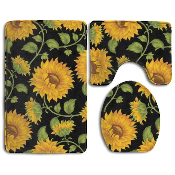 PUDMAD Beautiful Sunflower 3 Piece Bathroom Rugs Set Bath Rug Contour Mat and Toilet Lid Cover