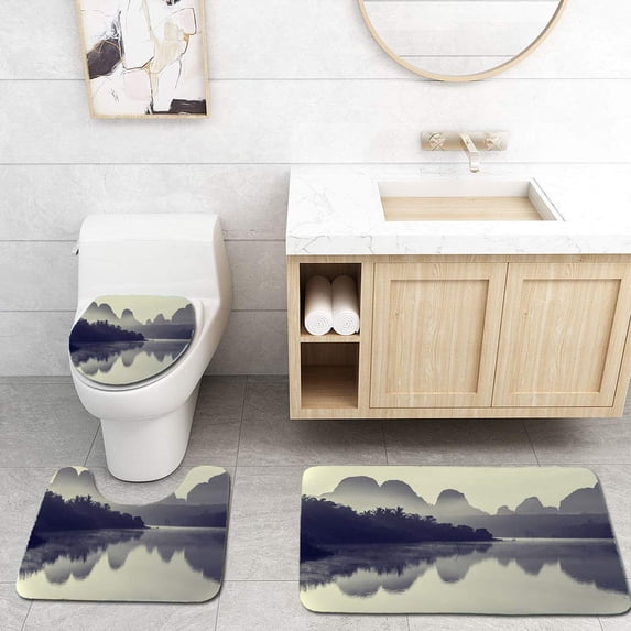 PUDMAD Beautiful Sunrise and Reflections at Nongtalay Lagoon 3 Piece Bathroom Rugs Set Bath Rug Contour Mat and Toilet Lid Cover