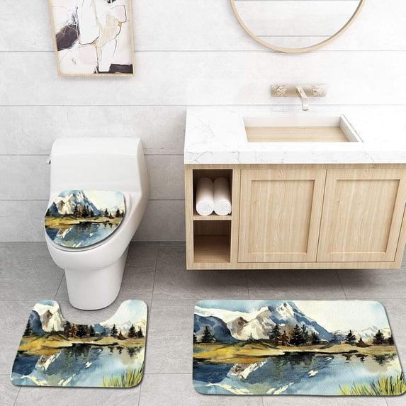 PUDMAD Beautiful Watercolor Mountain Landscape 3 Piece Bathroom Rugs Set Bath Rug Contour Mat and Toilet Lid Cover