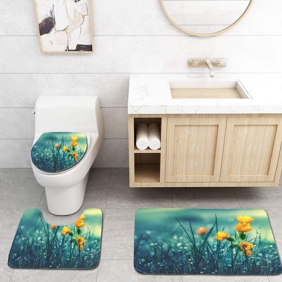 PUDMAD Beautiful Yellow Daisy in Morning Dew Shallow Depth Field 3 Piece Bathroom Rugs Set Bath Rug Contour Mat and Toilet Lid Cover