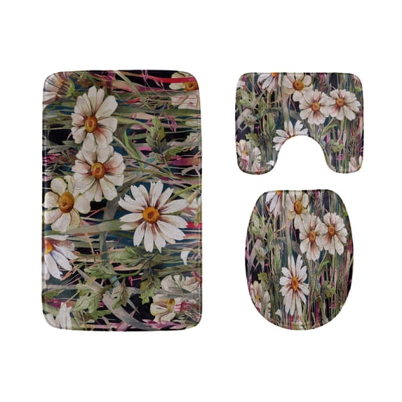 PUDMAD Beautiful and White Field Flowers Hand Drawn 3 Piece Bathroom Rugs Set Bath Rug Contour Mat and Toilet Lid Cover