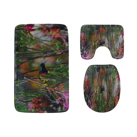 PUDMAD Beautifully Colorful Sunbirds in Flowers 3 Piece Bathroom Rugs Set Bath Rug Contour Mat and Toilet Lid Cover
