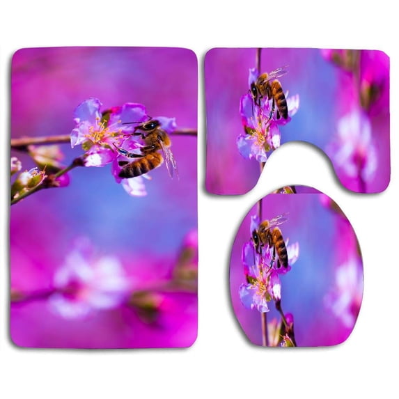 PUDMAD Bee Blossom Tree Spring 3 Piece Bathroom Rugs Set Bath Rug Contour Mat and Toilet Lid Cover