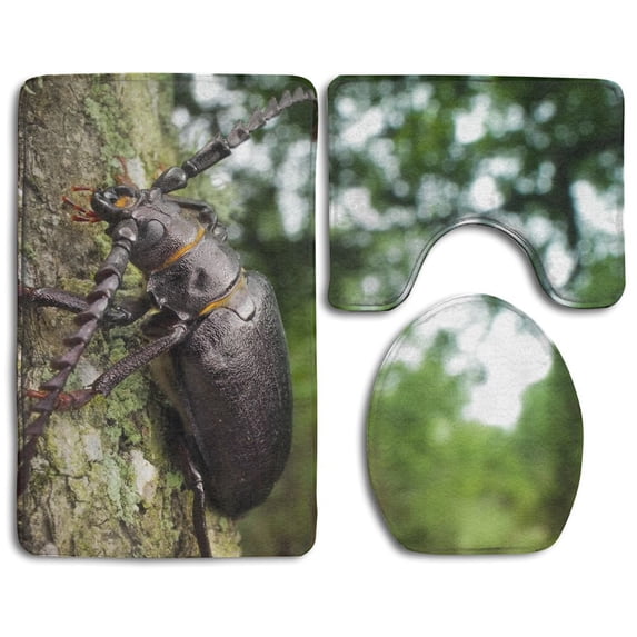 PUDMAD Beetle 3 Piece Bathroom Rugs Set Bath Rug Contour Mat and Toilet Lid Cover