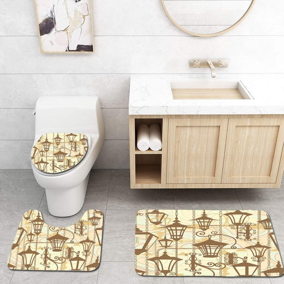 PUDMAD Beige Graphic Old Town Wrought Lanterns Nostalgic Style Urban Life Boho Art 3 Piece Bathroom Rugs Set Bath Rug Contour Mat and Toilet Lid Cover