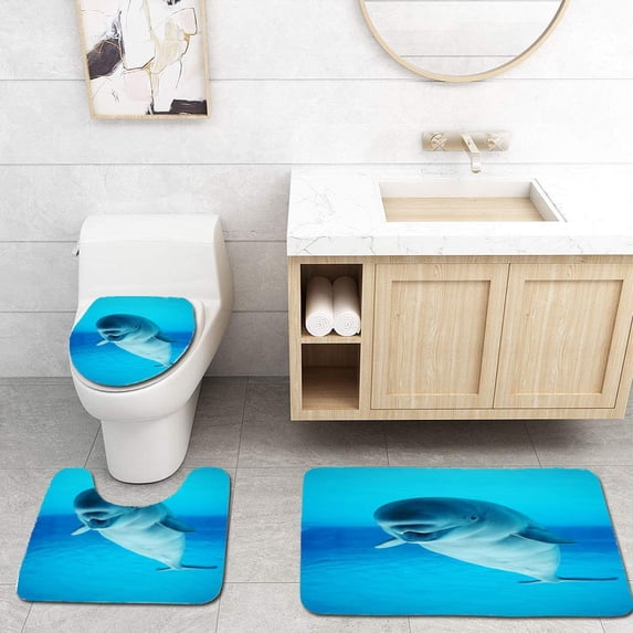 PUDMAD Beluga Whale Swimming in a Clear Pool 3 Piece Bathroom Rugs Set Bath Rug Contour Mat and Toilet Lid Cover