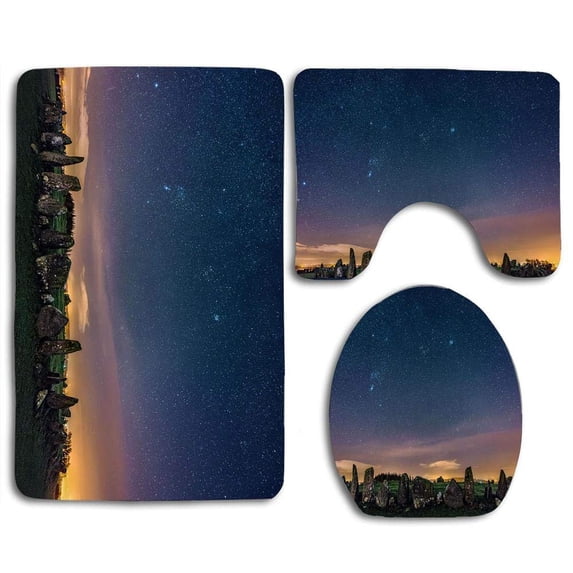 PUDMAD Beneath Our Heavens Beltany Stone Circle 3 Piece Bathroom Rugs Set Bath Rug Contour Mat and Toilet Lid Cover