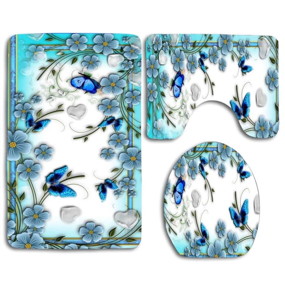 PUDMAD Best Blues 3 Piece Bathroom Rugs Set Bath Rug Contour Mat and Toilet Lid Cover