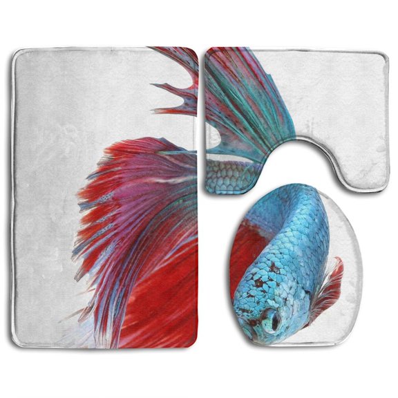 PUDMAD Betta Fish Siamese Fighting Fish Betta Splendens Halfmoon Betta Isolated 3 Piece Bathroom Rugs Set Bath Rug Contour Mat and Toilet Lid Cover