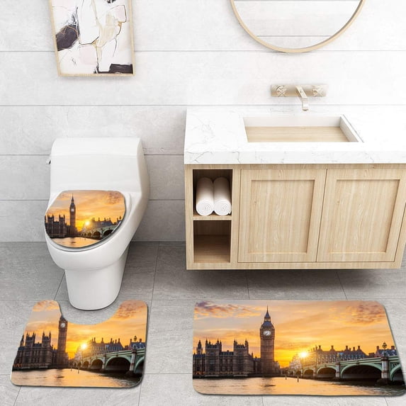 PUDMAD Big Ben and Westminster Bridge at Sunset 3 Piece Bathroom Rugs Set Bath Rug Contour Mat and Toilet Lid Cover