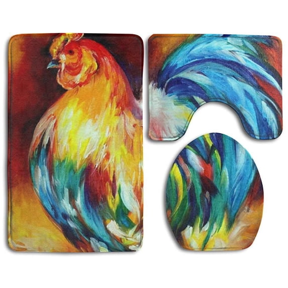 PUDMAD Big Boy Rooster 3 Piece Bathroom Rugs Set Bath Rug Contour Mat and Toilet Lid Cover