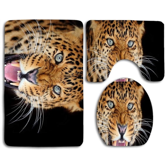 PUDMAD Big Cat 3 Piece Bathroom Rugs Set Bath Rug Contour Mat and Toilet Lid Cover