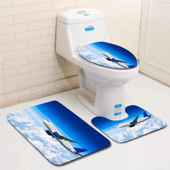 PUDMAD Big Jet Airplane Above Clouds 3 Piece Bathroom Rugs Set Bath Rug Contour Mat and Toilet Lid Cover