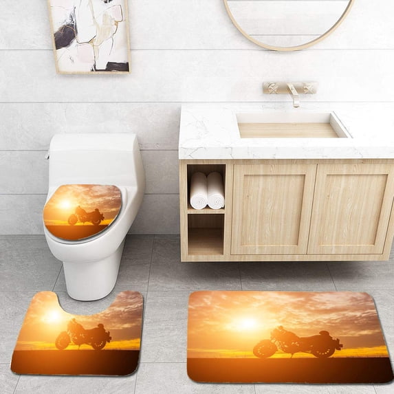 PUDMAD Biker Over Sunset 3 Piece Bathroom Rugs Set Bath Rug Contour Mat and Toilet Lid Cover