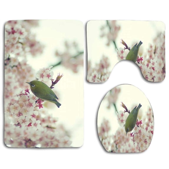 PUDMAD Bird in Cherry Tree 3 Piece Bathroom Rugs Set Bath Rug Contour Mat and Toilet Lid Cover