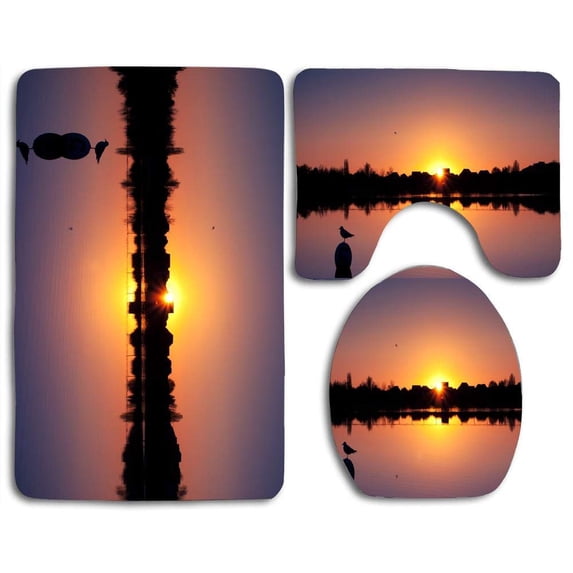 PUDMAD Bird in Sunset 3 Piece Bathroom Rugs Set Bath Rug Contour Mat and Toilet Lid Cover