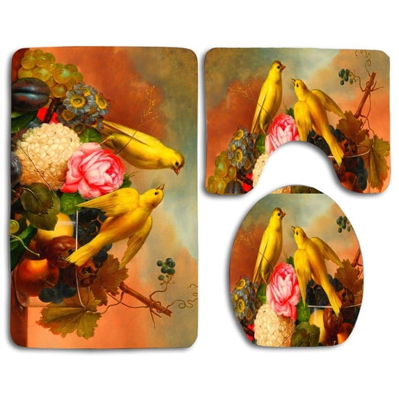 PUDMAD Birds Flowers Fruits 3 Piece Bathroom Rugs Set Bath Rug Contour Mat and Toilet Lid Cover