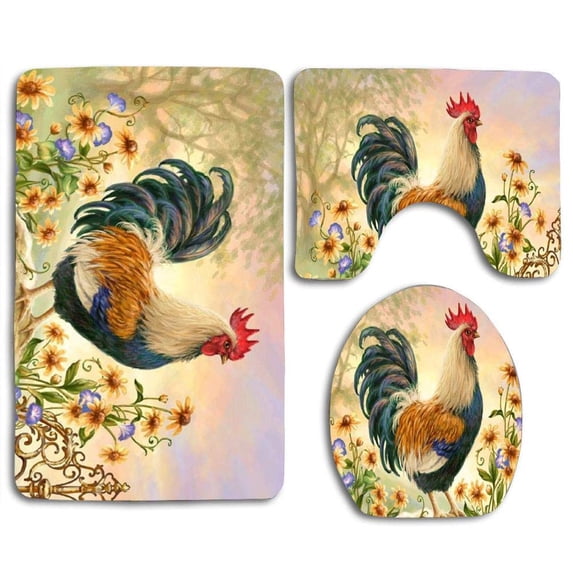 PUDMAD Birds Lovely Rooster Spring Flowers Seasons 3 Piece Bathroom Rugs Set Bath Rug Contour Mat and Toilet Lid Cover