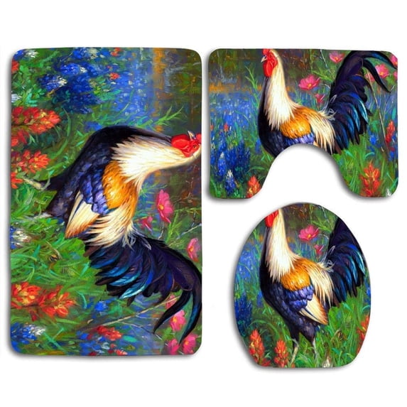PUDMAD Birds Seasons Flowers Rooster Style 3 Piece Bathroom Rugs Set Bath Rug Contour Mat and Toilet Lid Cover