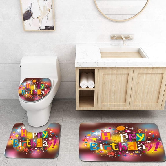 PUDMAD Birthday Colorful Fun Graphic Lettering Stars Dots Daisies Blur 3 Piece Bathroom Rugs Set Bath Rug Contour Mat and Toilet Lid Cover