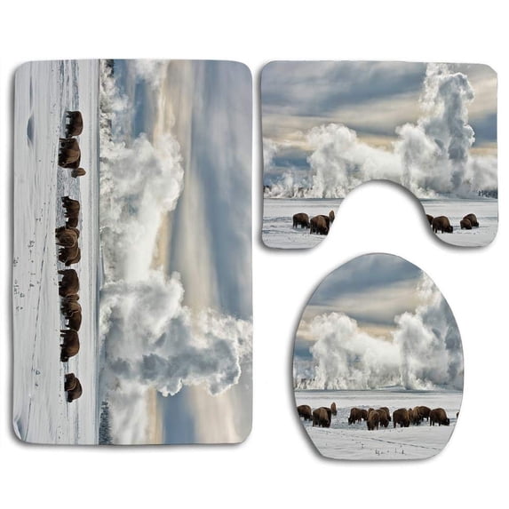 PUDMAD Bison Grazing Winter Yellowstone Steam 3 Piece Bathroom Rugs Set Bath Rug Contour Mat and Toilet Lid Cover