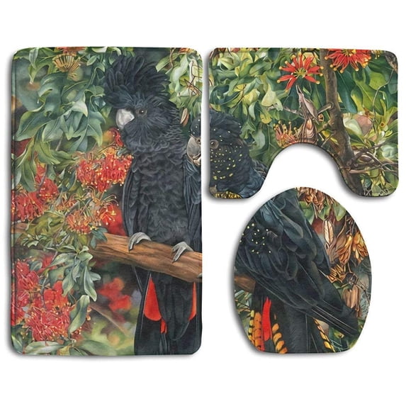 PUDMAD Black Cockatoo 3 Piece Bathroom Rugs Set Bath Rug Contour Mat and Toilet Lid Cover