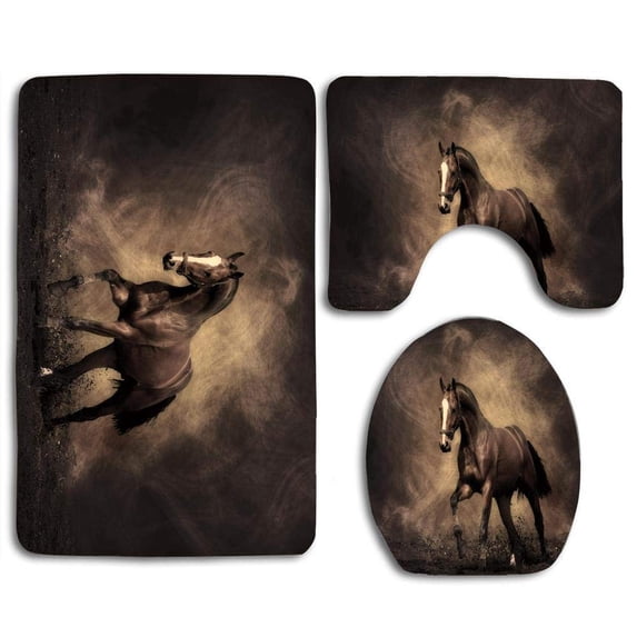 PUDMAD Black Cool Horse 3 Piece Bathroom Rugs Set Bath Rug Contour Mat and Toilet Lid Cover