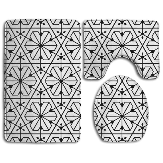PUDMAD Black Floral Line 3 Piece Bathroom Rugs Set Bath Rug Contour Mat and Toilet Lid Cover