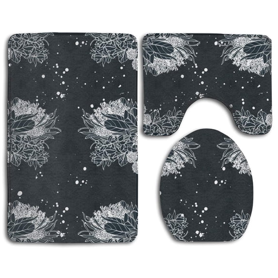 PUDMAD Black Floral Rows 3 Piece Bathroom Rugs Set Bath Rug Contour Mat and Toilet Lid Cover