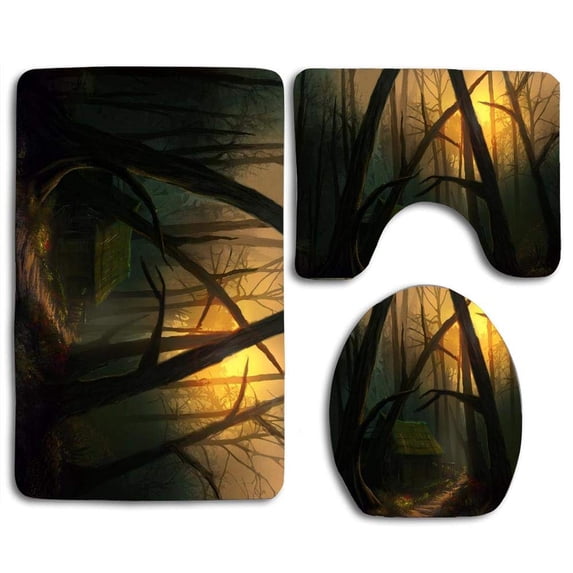 PUDMAD Black Forest 3 Piece Bathroom Rugs Set Bath Rug Contour Mat and Toilet Lid Cover