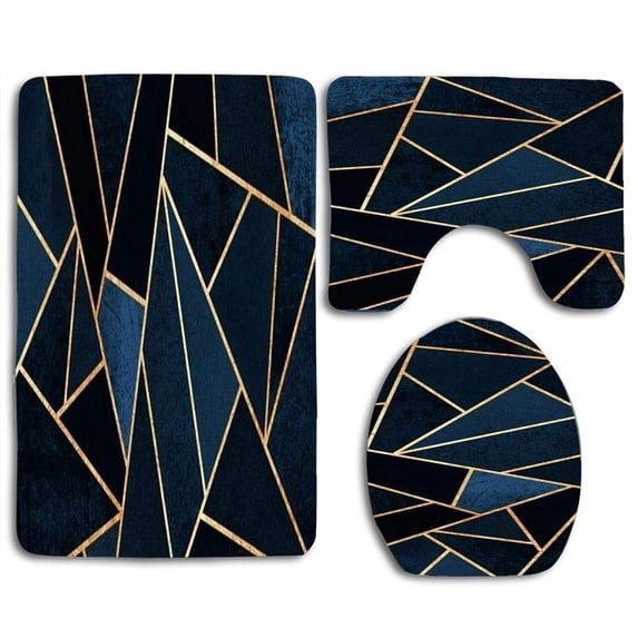 PUDMAD Black Gold Geometric 3 Piece Bathroom Rugs Set Bath Rug Contour Mat and Toilet Lid Cover