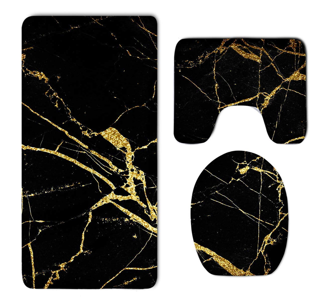 PUDMAD Black Gold Marble 3 Piece Bathroom Rugs Set Bath Rug Contour Mat and Toilet Lid Cover