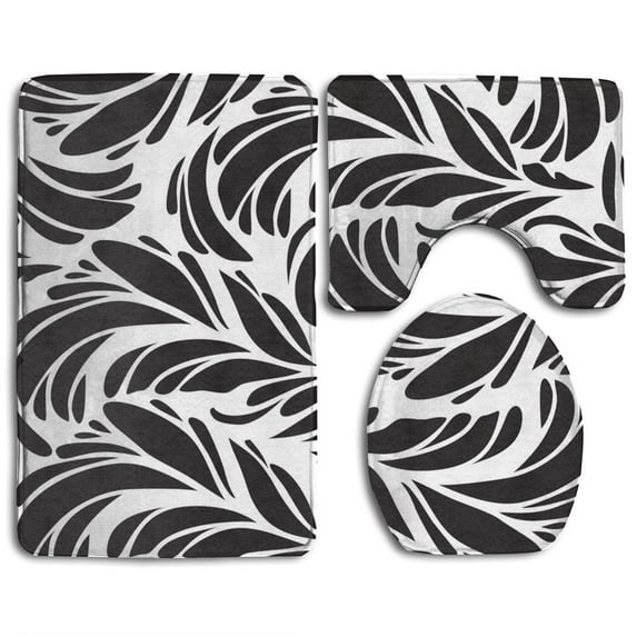 PUDMAD Black Peacock Feathers 3 Piece Bathroom Rugs Set Bath Rug Contour Mat and Toilet Lid Cover