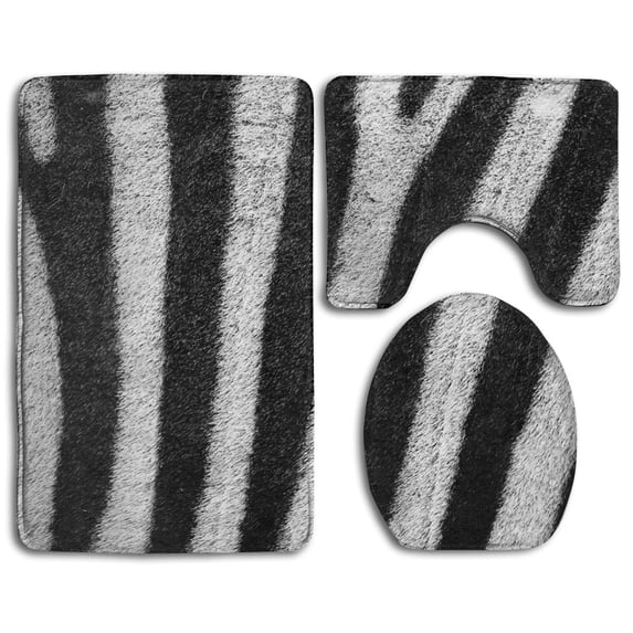 PUDMAD Black White Zebra Striped 3 Piece Bathroom Rugs Set Bath Rug Contour Mat and Toilet Lid Cover