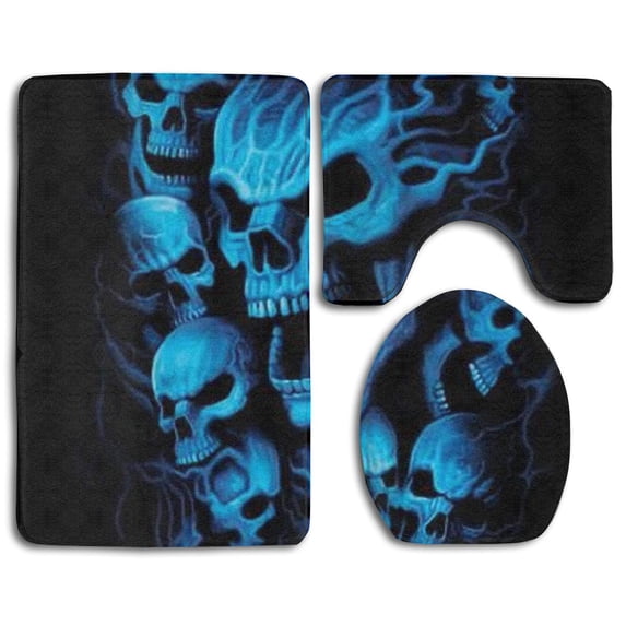PUDMAD Black and Blue Cool Skulls 3 Piece Bathroom Rugs Set Bath Rug Contour Mat and Toilet Lid Cover
