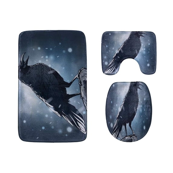 PUDMAD Black and Terrible Crow 3 Piece Bathroom Rugs Set Bath Rug Contour Mat and Toilet Lid Cover